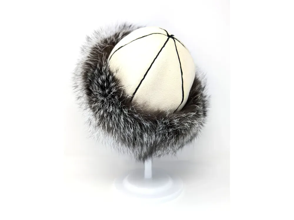 Leather Shearling Fur Cap With Silver Fox Trim - 2