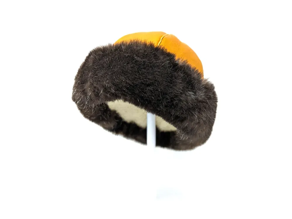 Leather Shearling Fur Cap With Sea Otter Trim - 3
