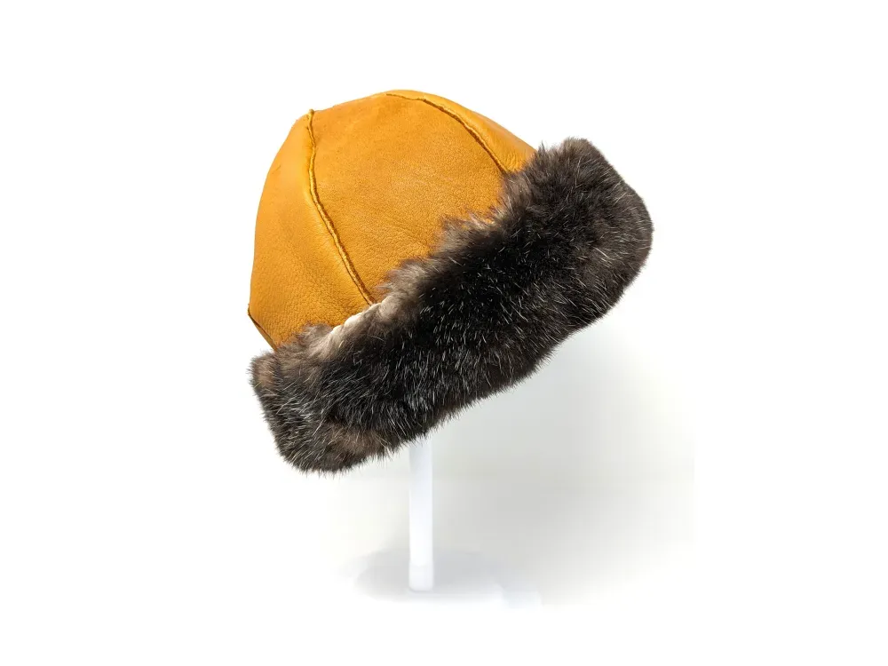 Leather Shearling Fur Cap With Sea Otter Trim - 2