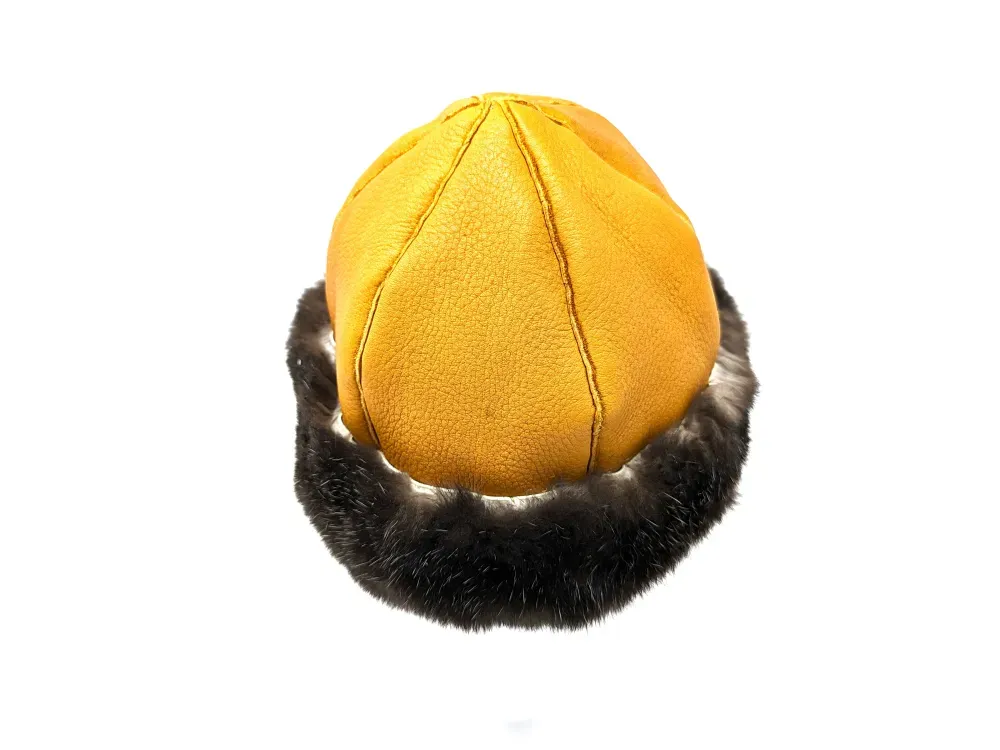 Leather Shearling Fur Cap With Sea Otter Trim - 4