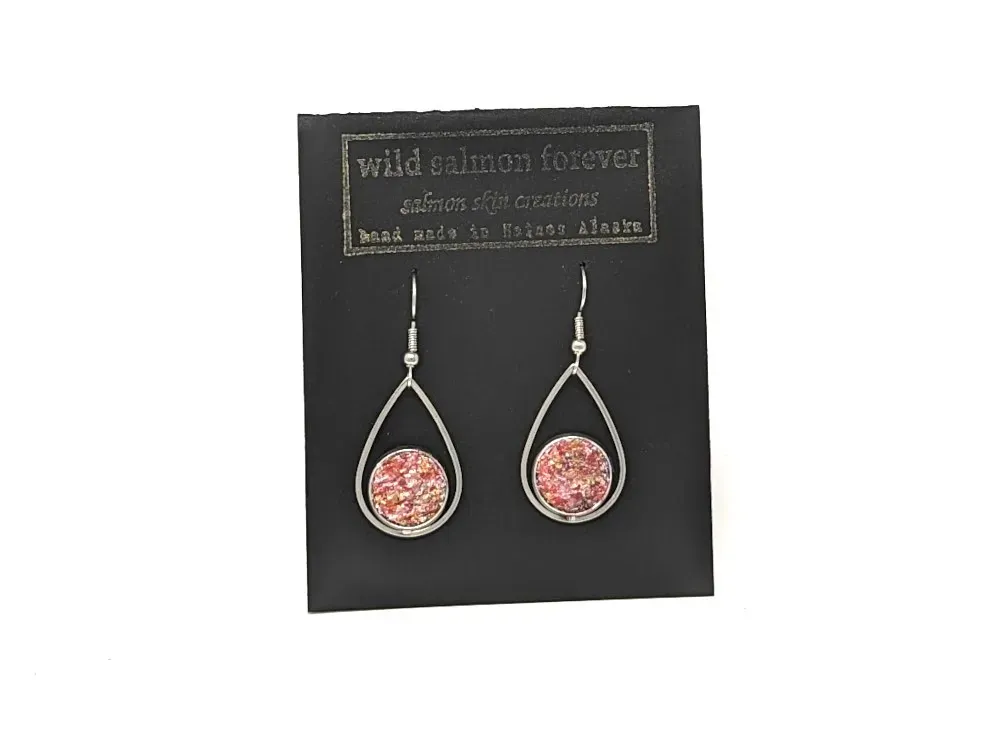 Sterling Teardrop Salmon Leather Earrings - 1