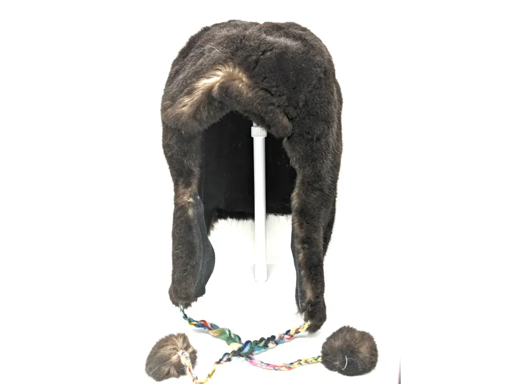 Sea Otter Fur Trapper Hat With Braided Pom Fastener - 1