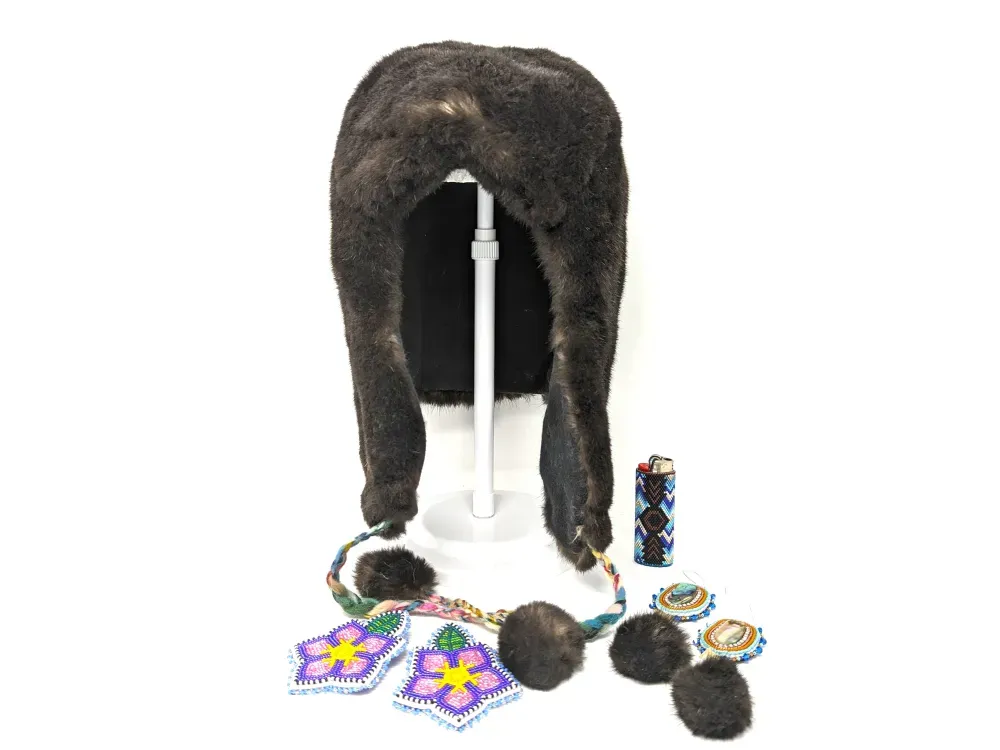 Sea Otter Fur Pom Beaded Dangle Earrings  - 2