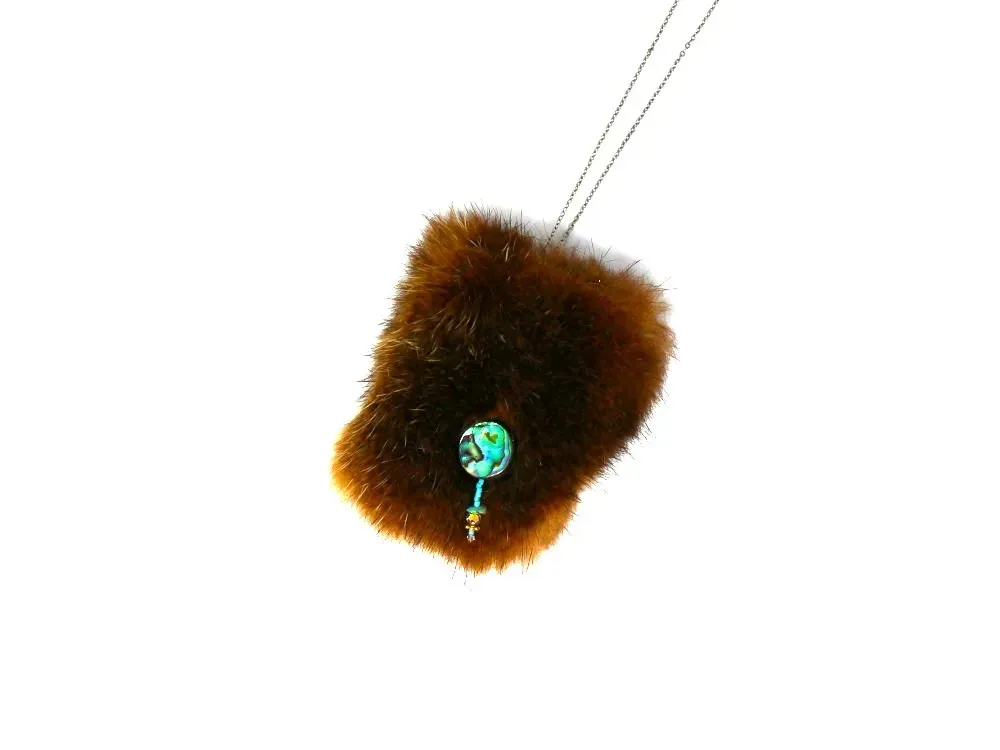 Sea Otter Fur Pouch Necklace With Abalone - 1