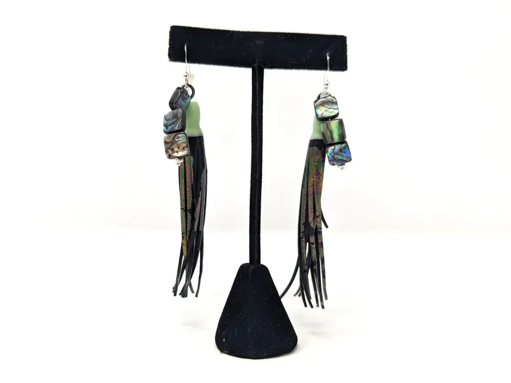 Abalone Leather Dangle Earrings - 1