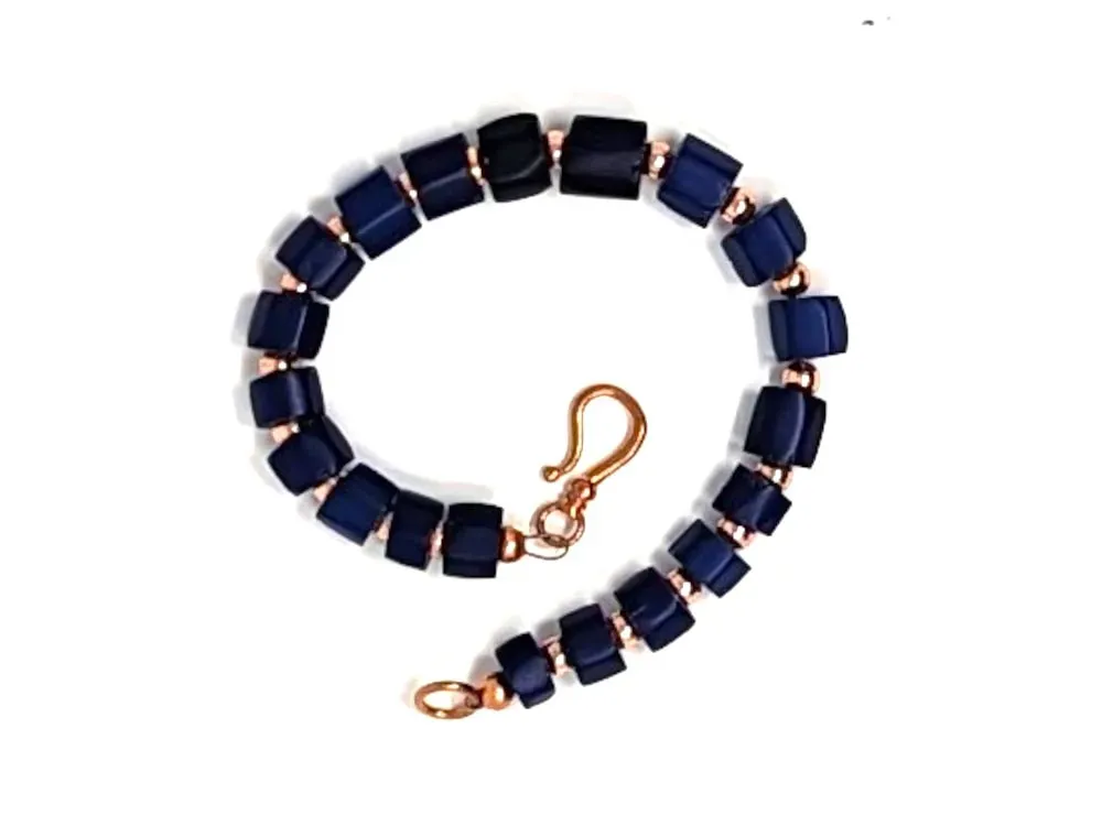 Blue Trade Bead Bracelet With Hook Clasp - 1