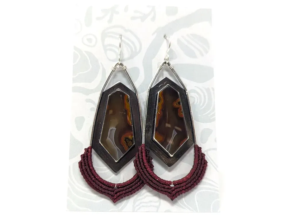 Fire Agate Hexagonal Macramé Earrings - 1