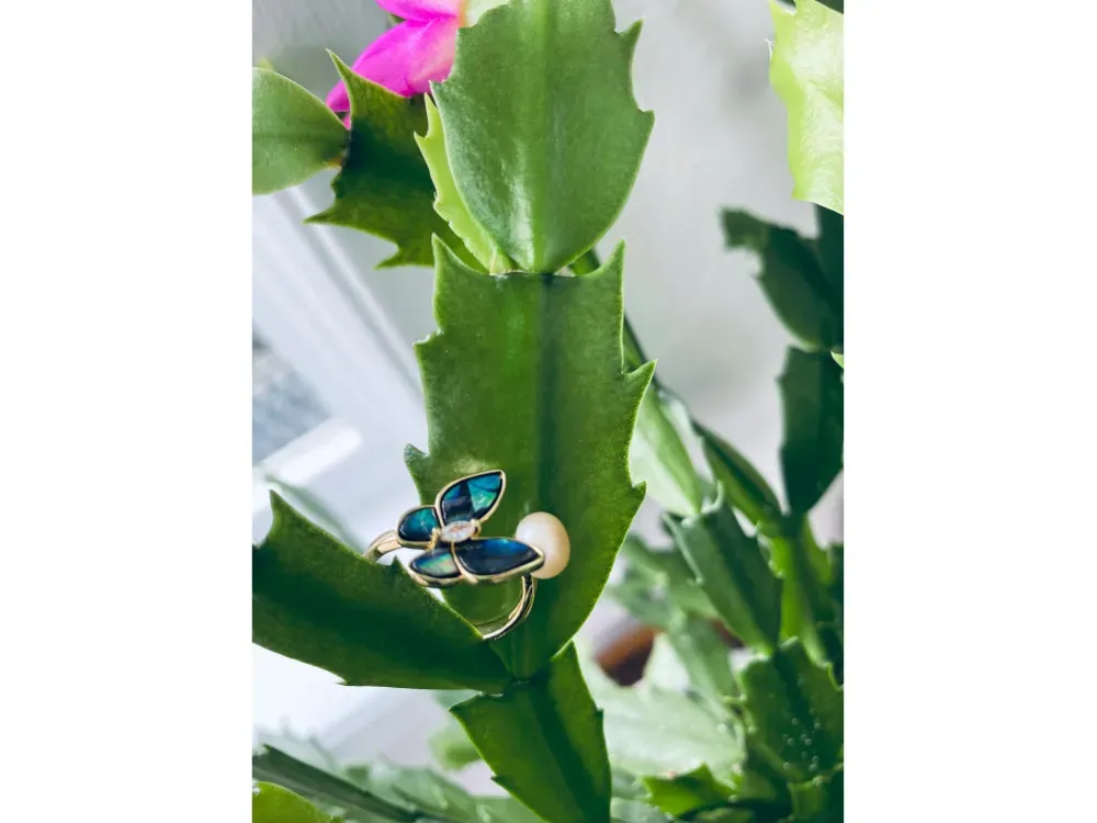Blue Butterfly Ring With A Freshwater Pearl  - 2