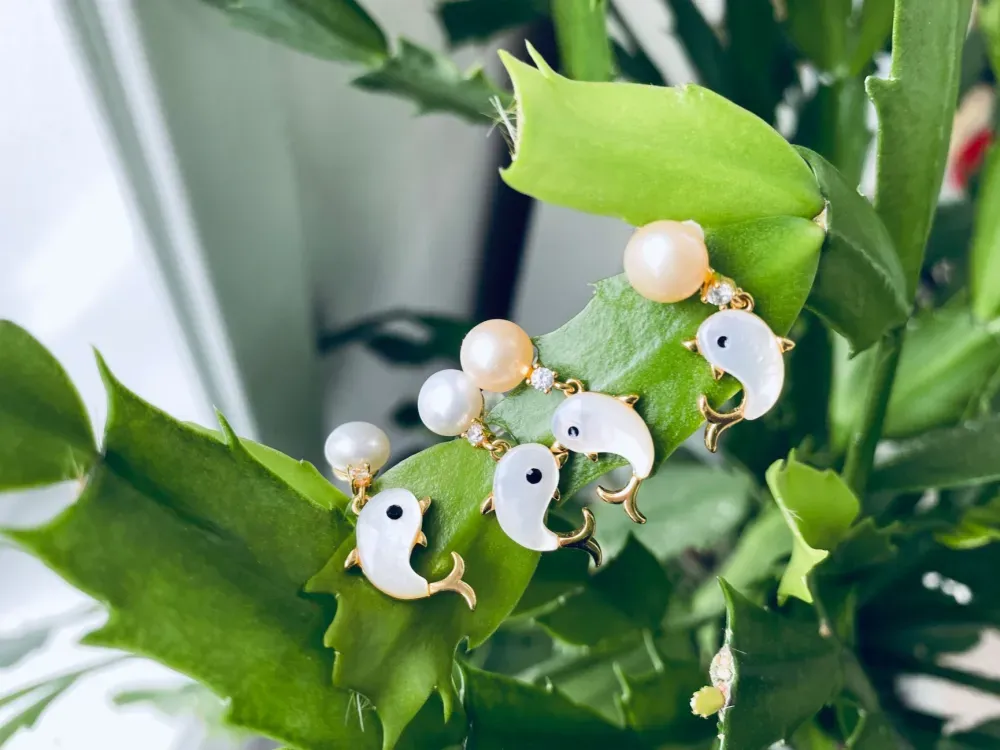 Whale Earrings With Freshwater Pearls - 4
