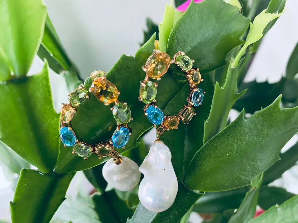 Mix Sapphire And Barque Pearl Earrings - 2