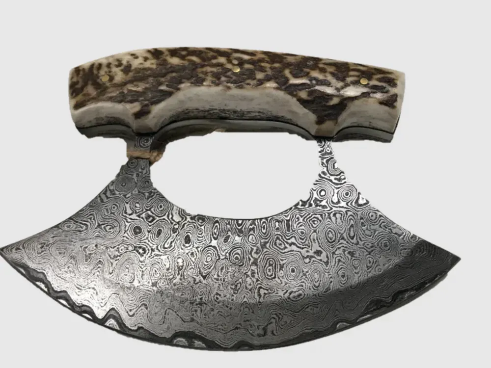 Damascus Steel Caribou Antler Ulu - 2