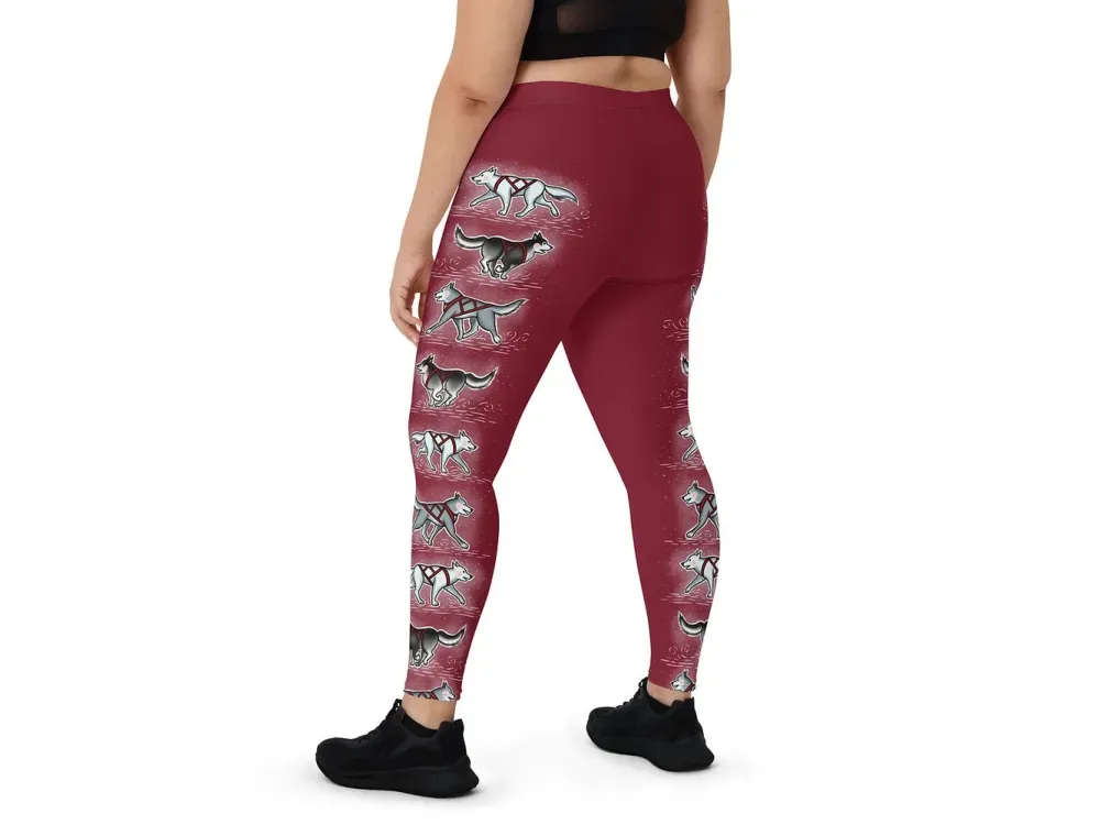 “Harness Husky” Alaska Themed Deep Red Leggings  - 3