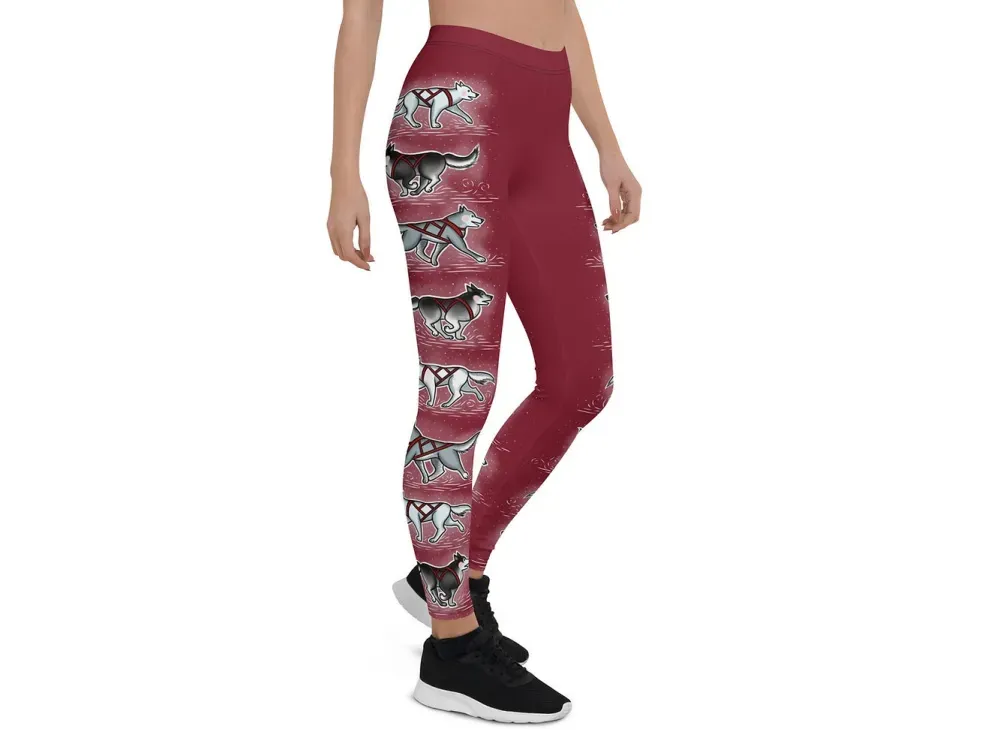 “Harness Husky” Alaska Themed Deep Red Leggings  - 5