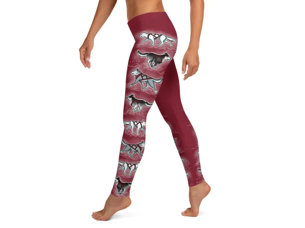 “Harness Husky” Alaska Themed Deep Red Leggings  - 2