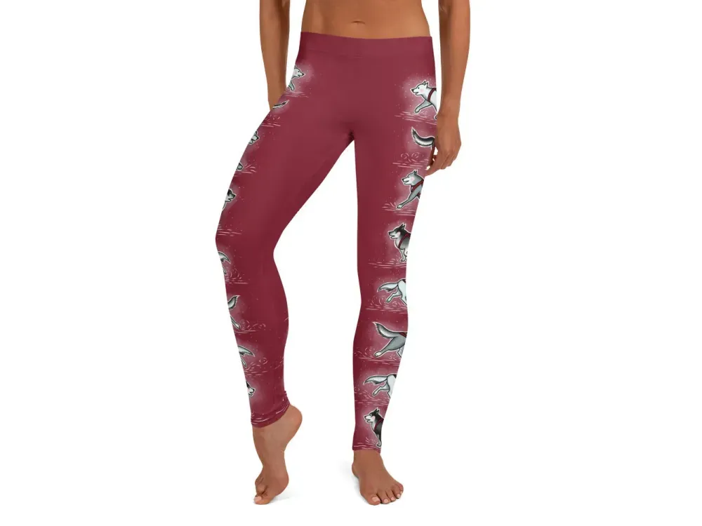 “Harness Husky” Alaska Themed Deep Red Leggings  - 1