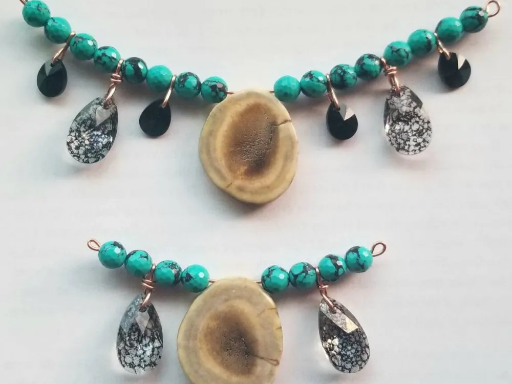 Turquoise Antler Slice Necklace w/ Swarovski Crystals