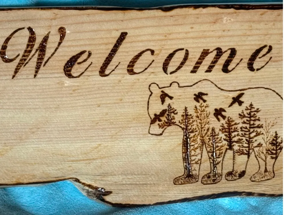 Wood burned Welcome Bear Sign