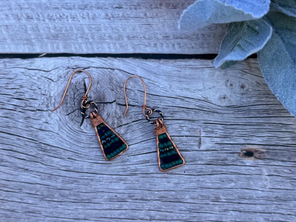 Beaded copper wire dangle earrings