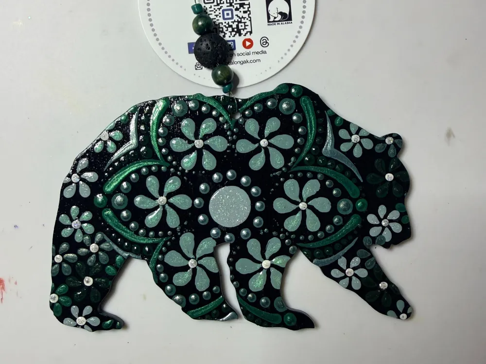 Grizzly Bear Dot Mandala Painted Ornament - 1