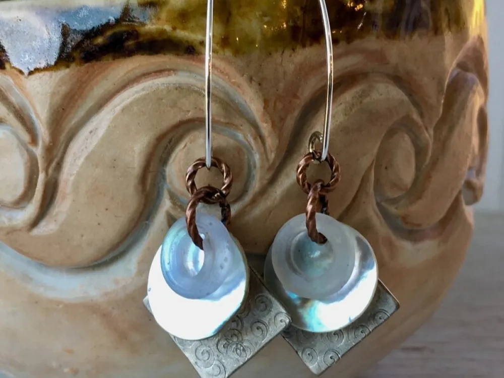 1800's trade bead earrings hammered Sterling silver - 1