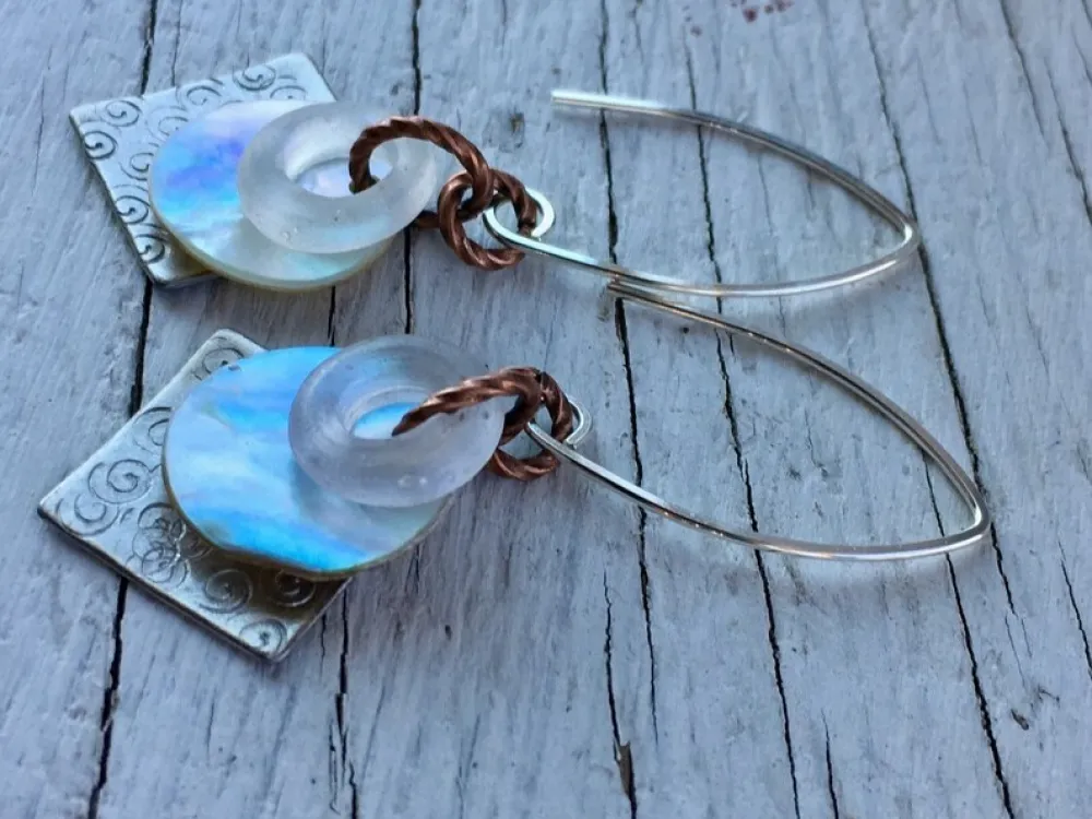 1800's trade bead earrings hammered Sterling silver - 4