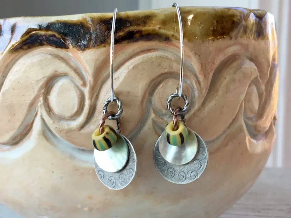 1800's round trade bead earrings hammered Sterling silver - 1