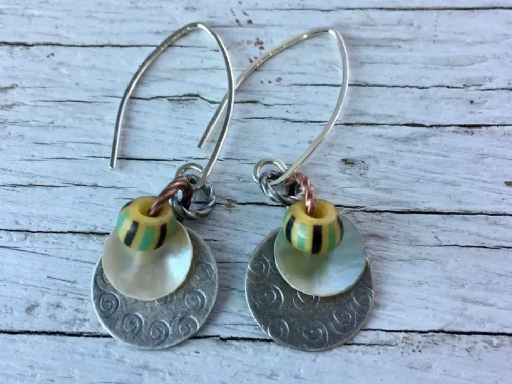 1800's round trade bead earrings hammered Sterling silver - 2
