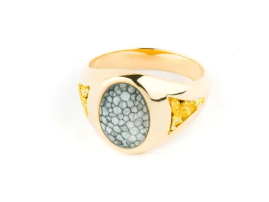 Alaska Sea Coral With Oval Inlay And Gold Nuggets at the Side