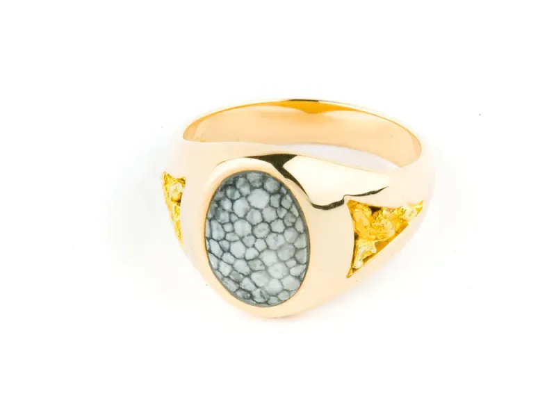 Alaska Sea Coral With Oval Inlay And Gold Nuggets at the Side
