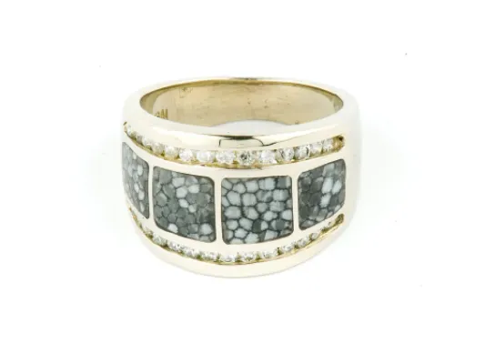 Alaska Sea Coral Square Panel Ladies Ring With Diamond Border