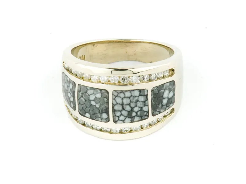 Alaska Sea Coral Square Panel Ladies Ring With Diamond Border
