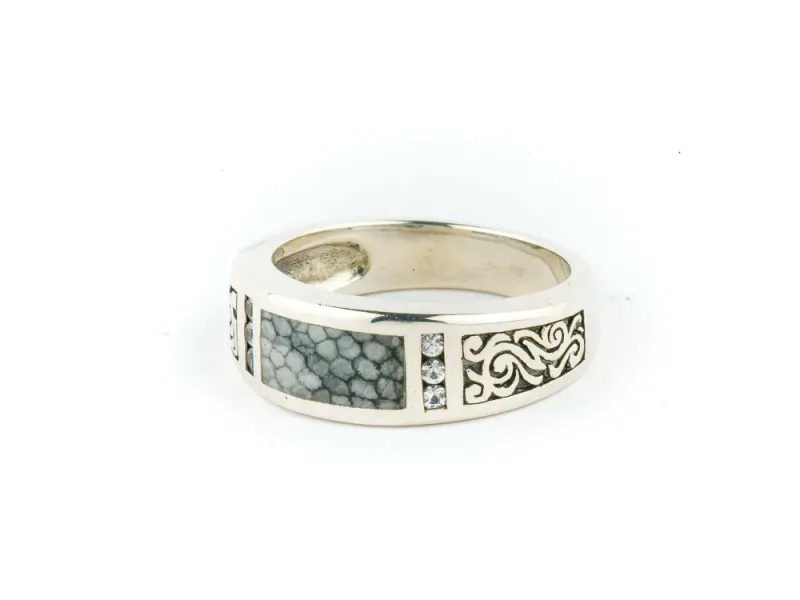 Alaska Sea Coral Men's Ring With 6 Side Diamond Cut White Sapphires & Detailed Side Engraving