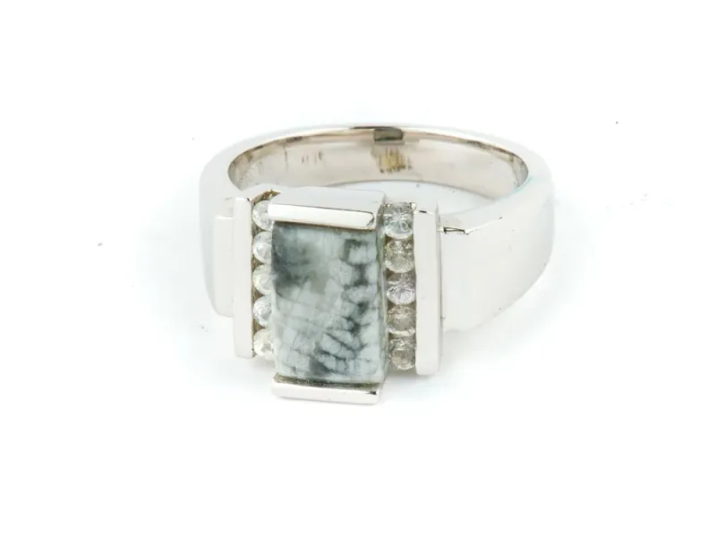 Alaska Sea Coral Ladies Rectangular Ring With 8 Side Diamonds