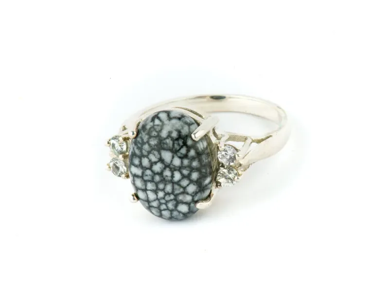 Alaska Sea Coral  Sterling Silver Ring with Oval Inlay and Four White Diamonds