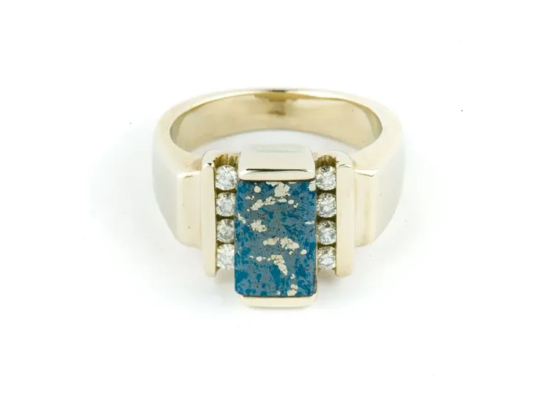 Star Of Alaska Ring With Rectangular Covellite Inlay & 8 Side Diamonds