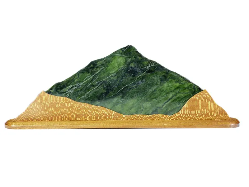 Jade Mountain River Of Gold Sculpture With Snake Wood Base