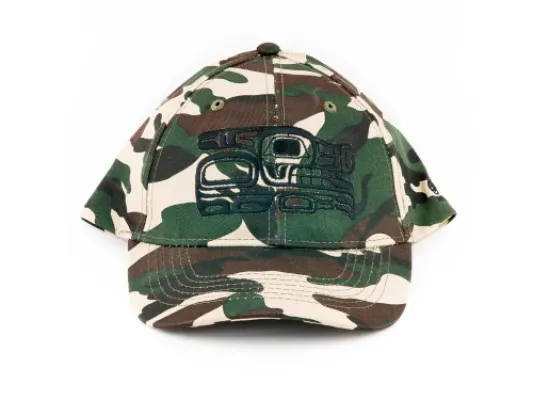 Native Totemic Hat With Black Killer Whale Orca Design In Military Camo Color