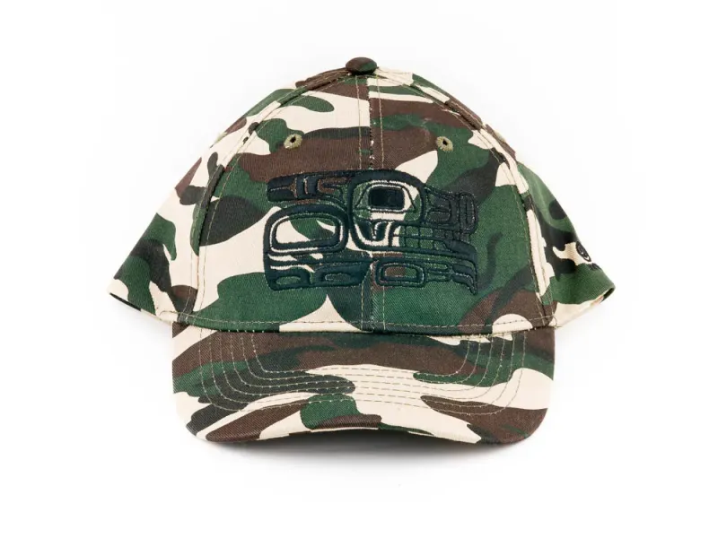 Native Totemic Hat With Black Killer Whale Orca Design In Military Camo Color