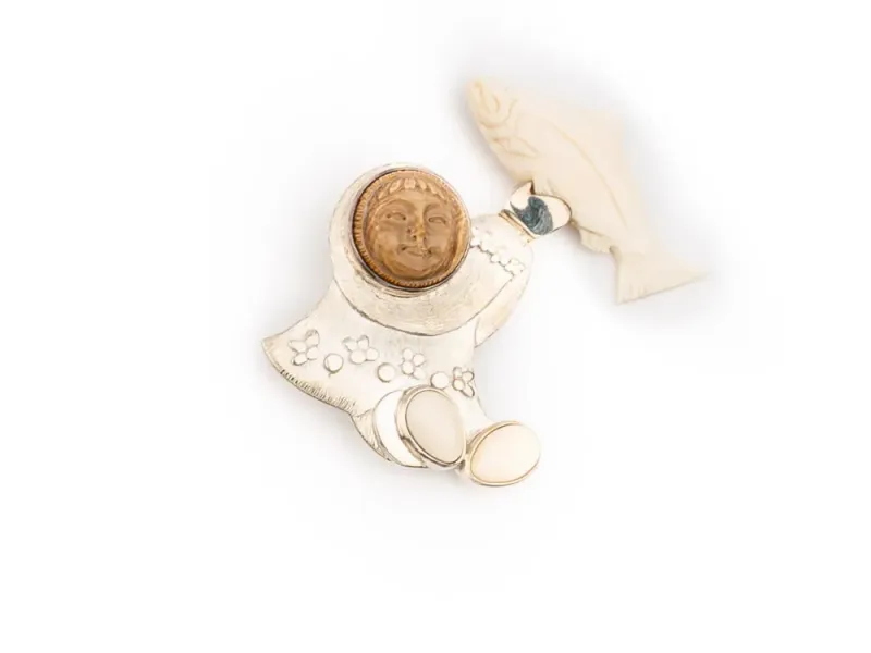 Alaskan With Fish Mammoth Ivory Pin