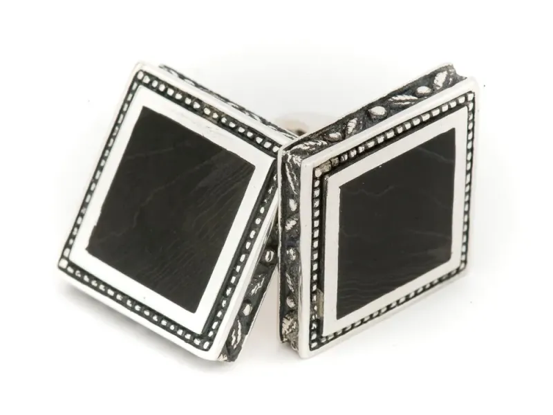 Alaska Black Petrified Wood Square Cufflinks With Detailed Engraving