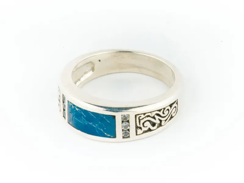 Star Of Alaska Ladies Covellite Ring With Diamond Cut White Sapphires & Detailed Side Engraving