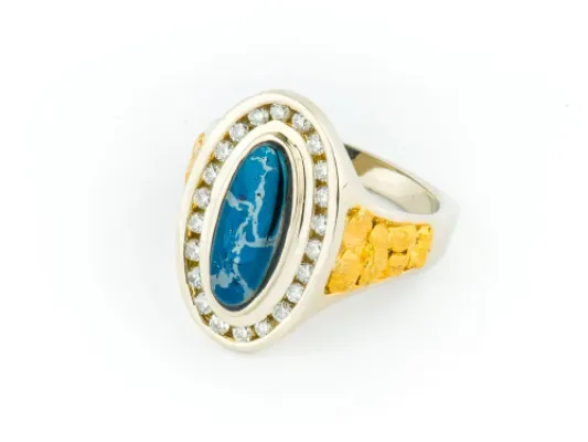 Star Of Alaska Covellite Ladies Oval Ring With Diamonds & Side Nuggets