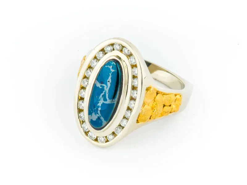 Star Of Alaska Covellite Ladies Oval Ring With Diamonds & Side Nuggets