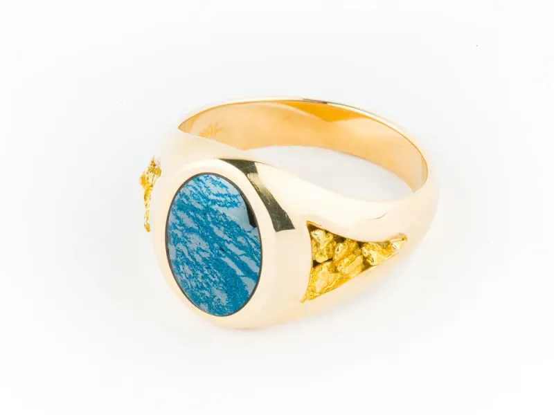 Star of Alaska Ring with Circular Covellite Inlay and Gold Nugget on Both Sides
