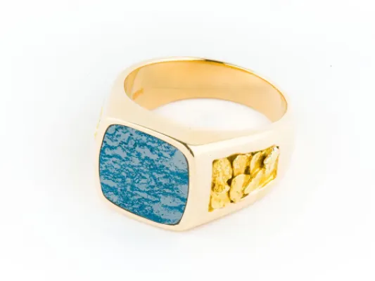 Star Of Alaska Square Covellite Men's Ring With Gold Nugget Sides