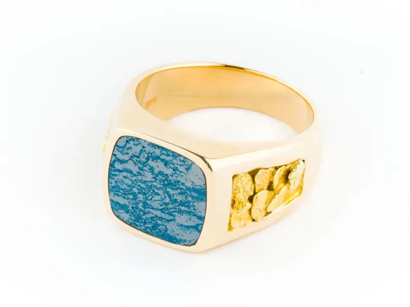Star Of Alaska Square Covellite Men's Ring With Gold Nugget Sides