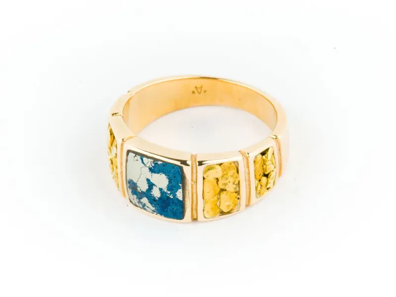 Star of Alaska Ring with Square Covellite Centerpiece and Gold Nugget Inlays