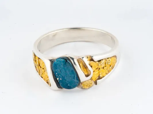 Star of Alaska Covellite Men's Ring With Natural Gold Nuggets