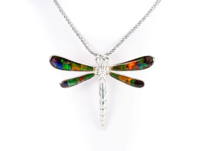 Ammolite Dragonfly Pendant In Sterling Silver