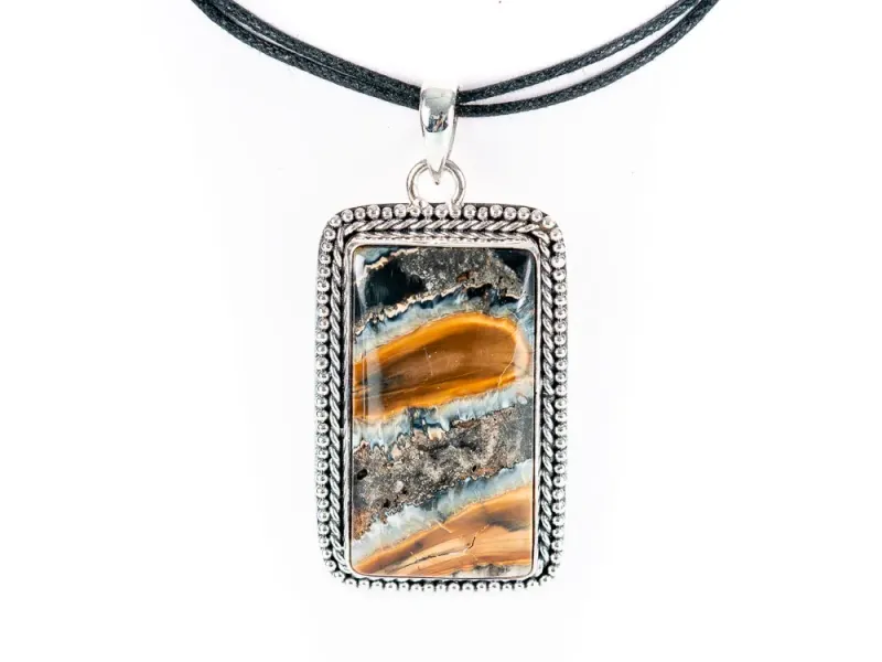 Rectangular Fossilized Woolly Mammoth Tooth Pendant In Sterling Silver With Cord